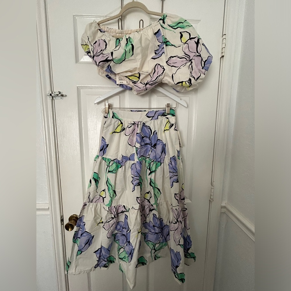 a new day Cream Floral Tiered Skirt Set with Purple and Green Print